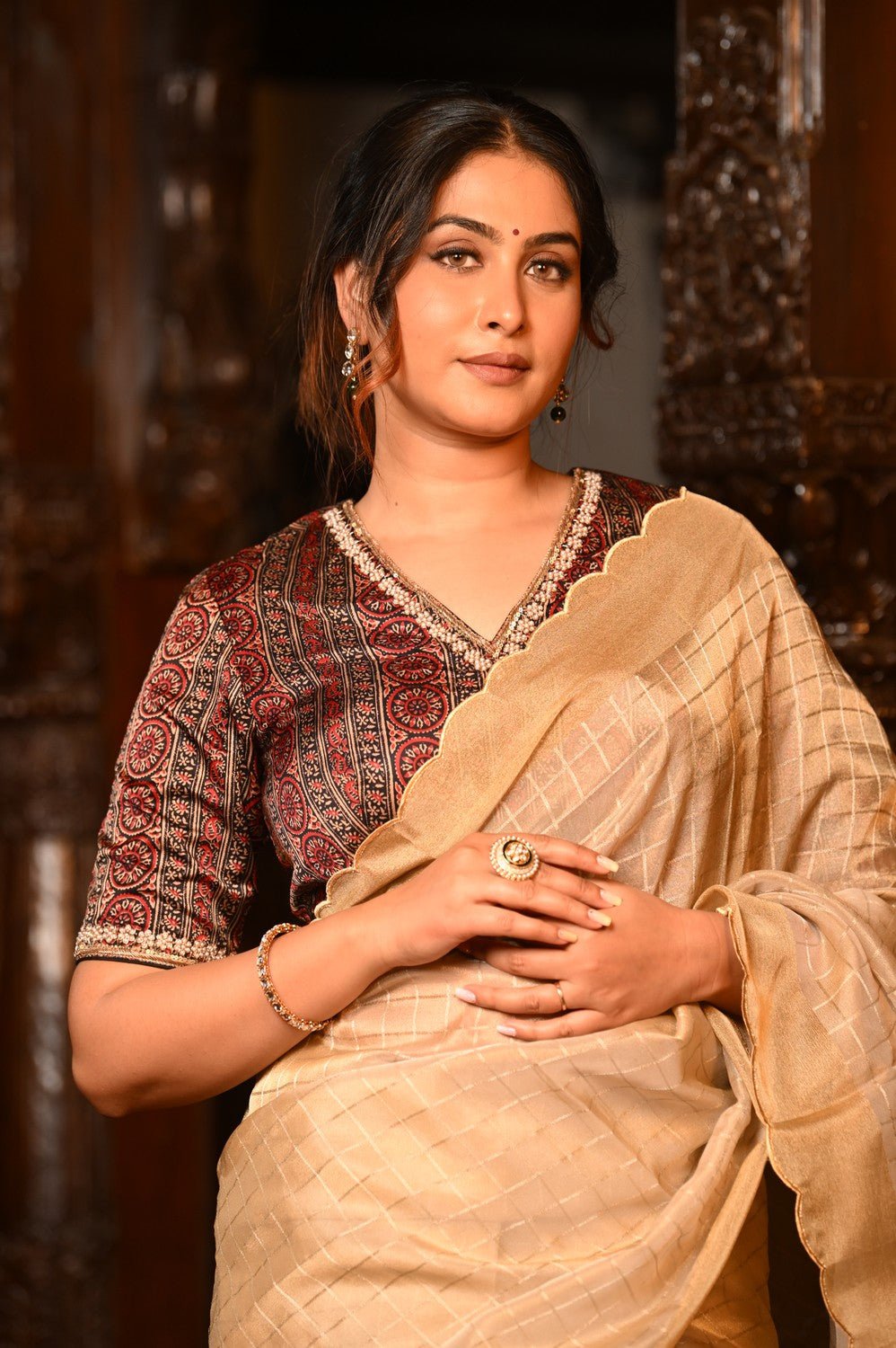 Mahalakshmi Premium ~ Viscose Tissue Saree with Cut Work Border in Beige - verymuchindian.com