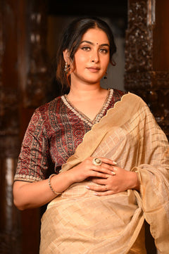 Mahalakshmi Premium ~ Viscose Tissue Saree with Cut Work Border in Beige - verymuchindian.com