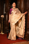 Mahalakshmi Premium ~ Viscose Tissue Saree with Hand-Embroidered Gota Patti in Ivory with Ready Blouse - verymuchindian.com