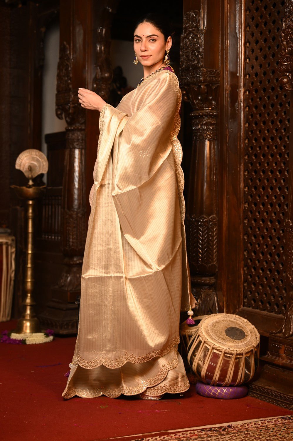 Mahalakshmi Premium ~ Viscose Tissue Saree with Hand-Embroidered Gota Patti in Ivory with Ready Blouse - verymuchindian.com