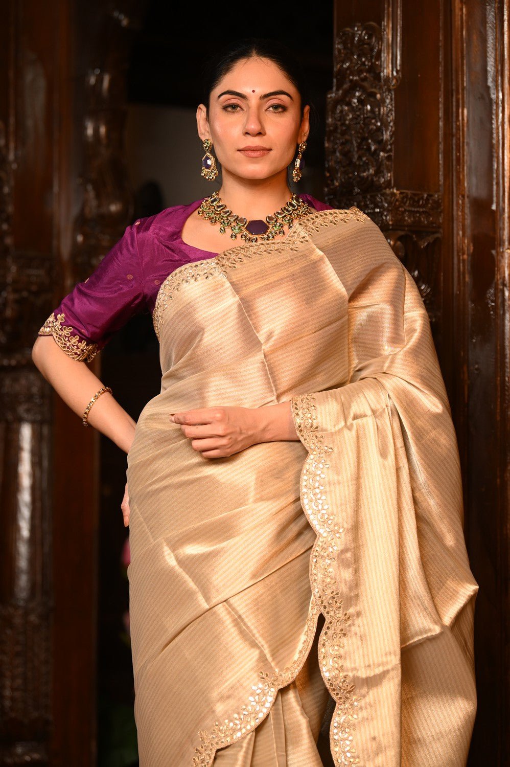 Mahalakshmi Premium ~ Viscose Tissue Saree with Hand-Embroidered Gota Patti in Ivory with Ready Blouse - verymuchindian.com