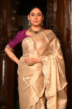 Mahalakshmi Premium ~ Viscose Tissue Saree with Hand-Embroidered Gota Patti in Ivory with Ready Blouse - verymuchindian.com