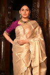 Mahalakshmi Premium ~ Viscose Tissue Saree with Hand-Embroidered Gota Patti in Ivory with Ready Blouse - verymuchindian.com