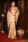 Mahalakshmi Premium ~ Viscose Tissue Saree with Hand-Embroidered Gota Patti in Ivory with Ready Blouse - verymuchindian.com