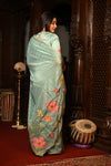 Mahalakshmi Premium ~ Viscose Tissue Saree with Hand-Embroidered Kantha Work in Aqua Blue - verymuchindian.com
