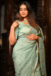 Mahalakshmi Premium ~ Viscose Tissue Saree with Hand-Embroidered Kantha Work in Aqua Blue - verymuchindian.com