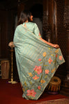 Mahalakshmi Premium ~ Viscose Tissue Saree with Hand-Embroidered Kantha Work in Aqua Blue - verymuchindian.com