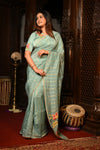 Mahalakshmi Premium ~ Viscose Tissue Saree with Hand-Embroidered Kantha Work in Aqua Blue - verymuchindian.com