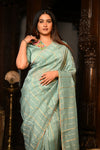 Mahalakshmi Premium ~ Viscose Tissue Saree with Hand-Embroidered Kantha Work in Aqua Blue - verymuchindian.com