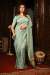 Mahalakshmi Premium ~ Viscose Tissue Saree with Hand-Embroidered Kantha Work in Aqua Blue - verymuchindian.com