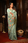 Mahalakshmi Premium ~ Viscose Tissue Saree with Hand-Embroidered Kantha Work in Aqua Blue - verymuchindian.com
