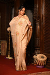 Mahalakshmi Premium ~ Viscose Tissue Saree with Hand-Embroidered Kantha Work in Beige Pink - verymuchindian.com