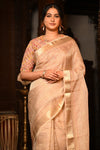 Mahalakshmi Premium ~ Viscose Tissue Saree with Hand-Embroidered Kantha Work in Beige Pink - verymuchindian.com