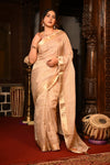 Mahalakshmi Premium ~ Viscose Tissue Saree with Hand-Embroidered Kantha Work in Beige Pink - verymuchindian.com
