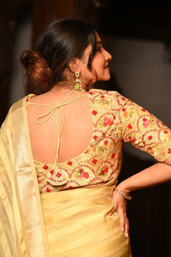 Mahalakshmi Premium ~ Viscose Tissue Saree with Hand-Embroidered Kantha Work in Beige Yellow - verymuchindian.com