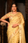 Mahalakshmi Premium ~ Viscose Tissue Saree with Hand-Embroidered Kantha Work in Beige Yellow - verymuchindian.com