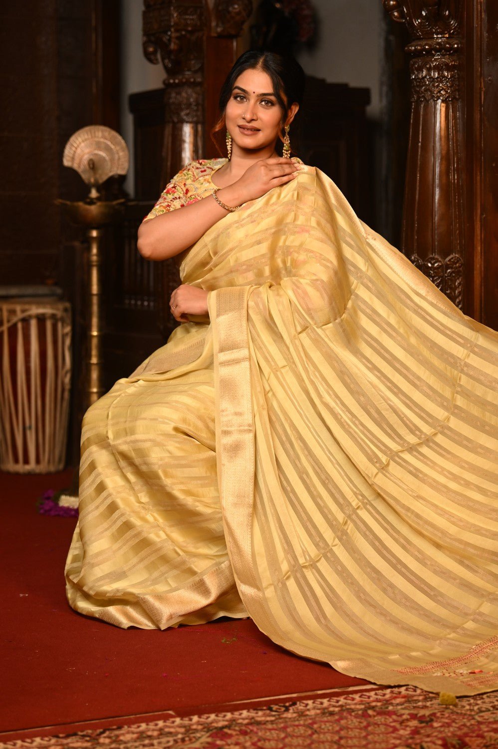 Mahalakshmi Premium ~ Viscose Tissue Saree with Hand-Embroidered Kantha Work in Beige Yellow - verymuchindian.com