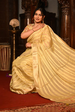 Mahalakshmi Premium ~ Viscose Tissue Saree with Hand-Embroidered Kantha Work in Beige Yellow - verymuchindian.com