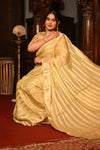 Mahalakshmi Premium ~ Viscose Tissue Saree with Hand-Embroidered Kantha Work in Beige Yellow - verymuchindian.com