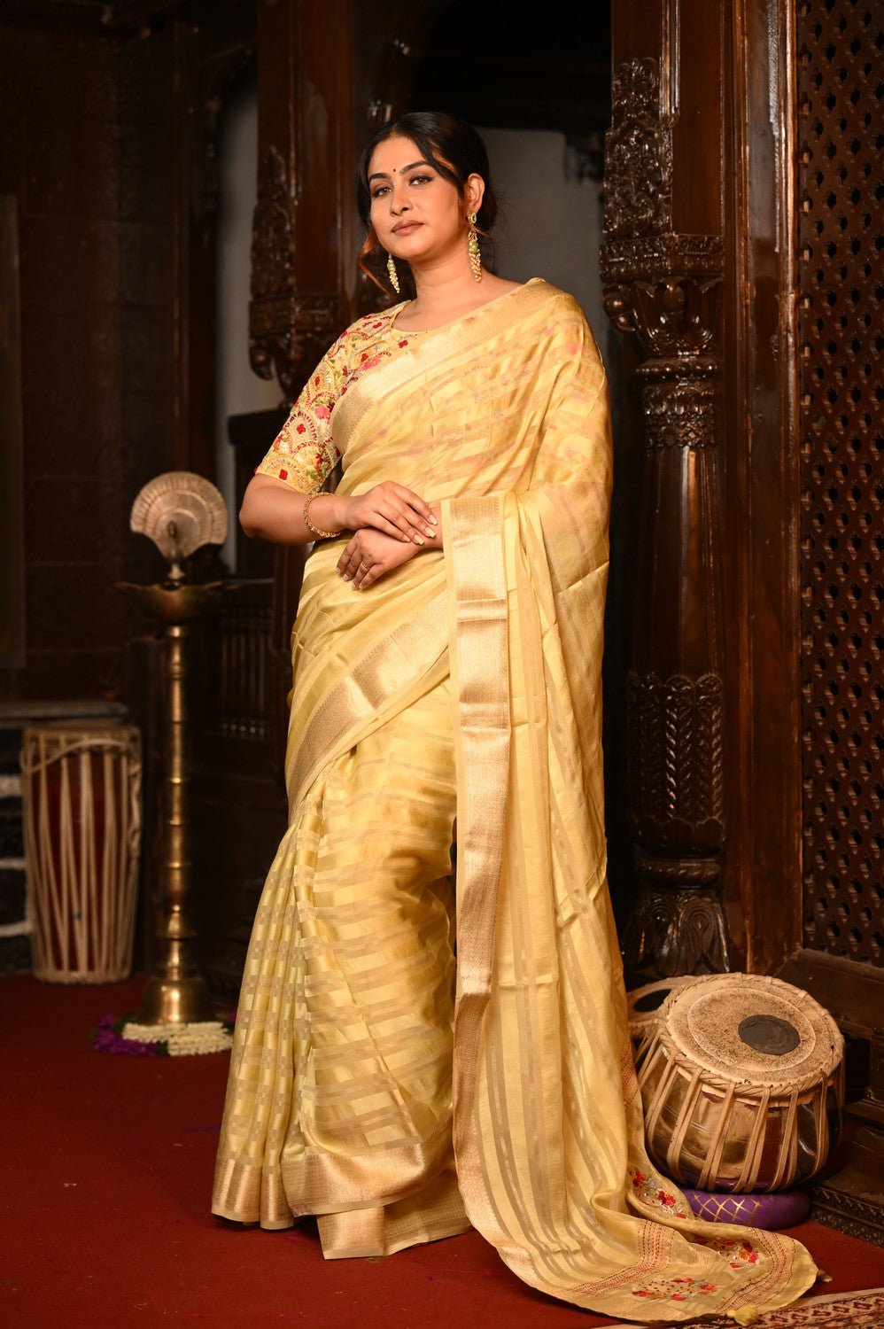 Mahalakshmi Premium ~ Viscose Tissue Saree with Hand-Embroidered Kantha Work in Beige Yellow - verymuchindian.com