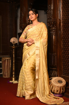 Mahalakshmi Premium ~ Viscose Tissue Saree with Hand-Embroidered Kantha Work in Beige Yellow - verymuchindian.com