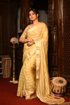 Mahalakshmi Premium ~ Viscose Tissue Saree with Hand-Embroidered Kantha Work in Beige Yellow - verymuchindian.com