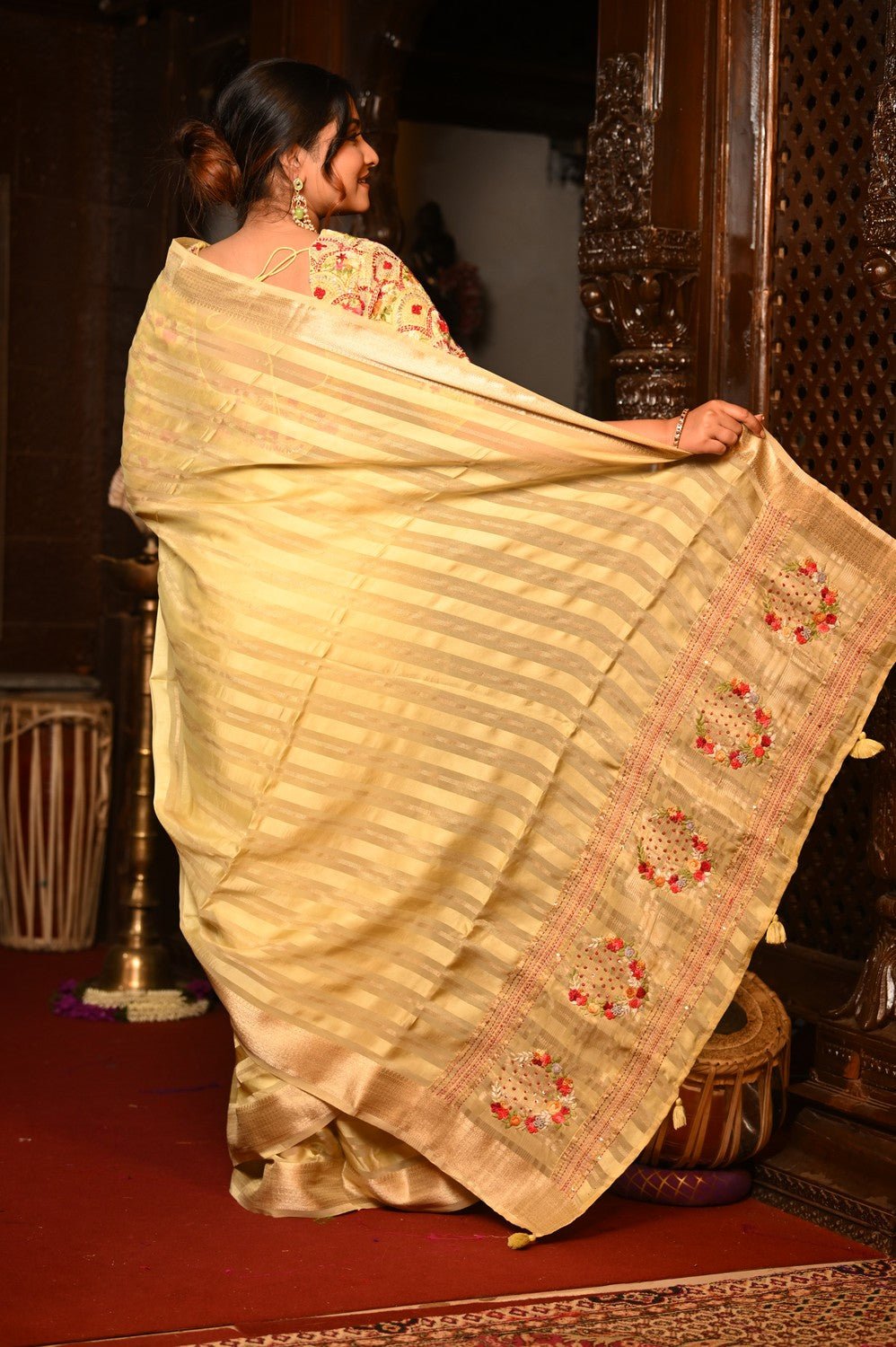 Mahalakshmi Premium ~ Viscose Tissue Saree with Hand-Embroidered Kantha Work in Beige Yellow - verymuchindian.com