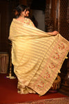 Mahalakshmi Premium ~ Viscose Tissue Saree with Hand-Embroidered Kantha Work in Beige Yellow - verymuchindian.com