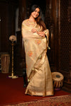 Mahalakshmi Premium ~ Viscose Tissue Saree with Hand-Embroidered Kantha Work in Delicate Gold - verymuchindian.com