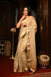 Mahalakshmi Premium ~ Viscose Tissue Saree with Hand-Embroidered Kantha Work in Delicate Gold - verymuchindian.com