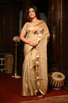 Mahalakshmi Premium ~ Viscose Tissue Saree with Hand-Embroidered Kantha Work in Delicate Gold - verymuchindian.com