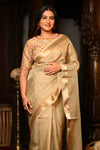 Mahalakshmi Premium ~ Viscose Tissue Saree with Hand-Embroidered Kantha Work in Delicate Gold - verymuchindian.com