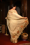 Mahalakshmi Premium ~ Viscose Tissue Saree with Hand-Embroidered Kantha Work in Delicate Gold - verymuchindian.com