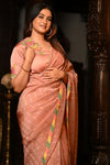 Mahalakshmi Premium ~ Viscose Tissue Saree with Hand-Embroidered Kantha Work in Orange - verymuchindian.com