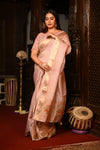 Mahalakshmi Premium ~ Viscose Tissue Saree with Hand-Embroidered Kantha Work in Peach - verymuchindian.com