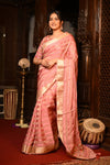 Mahalakshmi Premium ~ Viscose Tissue Saree with Hand-Embroidered Kantha Work in Peach Pink - verymuchindian.com