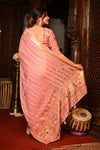 Mahalakshmi Premium ~ Viscose Tissue Saree with Hand-Embroidered Kantha Work in Peach Pink - verymuchindian.com