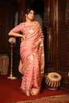Mahalakshmi Premium ~ Viscose Tissue Saree with Hand-Embroidered Kantha Work in Peach Pink - verymuchindian.com