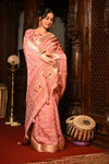 Mahalakshmi Premium ~ Viscose Tissue Saree with Hand-Embroidered Kantha Work in Peach Pink - verymuchindian.com