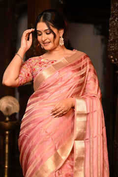 Mahalakshmi Premium ~ Viscose Tissue Saree with Hand-Embroidered Kantha Work in Peach Pink - verymuchindian.com