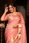 Mahalakshmi Premium ~ Viscose Tissue Saree with Hand-Embroidered Kantha Work in Peach Pink - verymuchindian.com