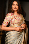 Mahalakshmi Premium ~ Viscose Tissue Saree with Hand-Embroidered Kantha Work in Silver Gold - verymuchindian.com