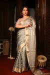 Mahalakshmi Premium ~ Viscose Tissue Saree with Hand-Embroidered Kantha Work in Silver Gold - verymuchindian.com