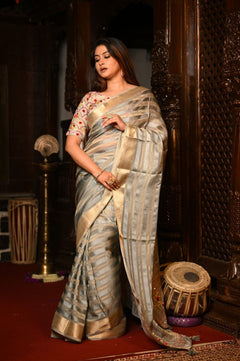 Mahalakshmi Premium ~ Viscose Tissue Saree with Hand-Embroidered Kantha Work in Silver Gold - verymuchindian.com