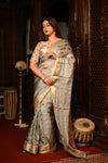 Mahalakshmi Premium ~ Viscose Tissue Saree with Hand-Embroidered Kantha Work in Silver Gold - verymuchindian.com