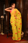 Mahalakshmi ~ Pure Mul Cotton Handloom Saree with Beautiful Floral Embroidery ~ Yellow - verymuchindian.com