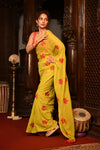 Mahalakshmi ~ Pure Mul Cotton Handloom Saree with Beautiful Floral Embroidery ~ Yellow - verymuchindian.com
