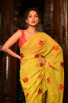 Mahalakshmi ~ Pure Mul Cotton Handloom Saree with Beautiful Floral Embroidery ~ Yellow - verymuchindian.com