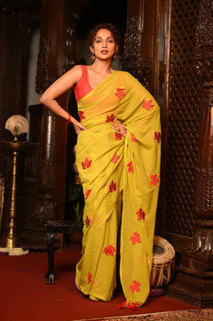 Mahalakshmi ~ Pure Mul Cotton Handloom Saree with Beautiful Floral Embroidery ~ Yellow - verymuchindian.com