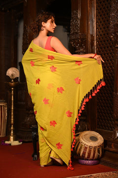 Mahalakshmi ~ Pure Mul Cotton Handloom Saree with Beautiful Floral Embroidery ~ Yellow - verymuchindian.com